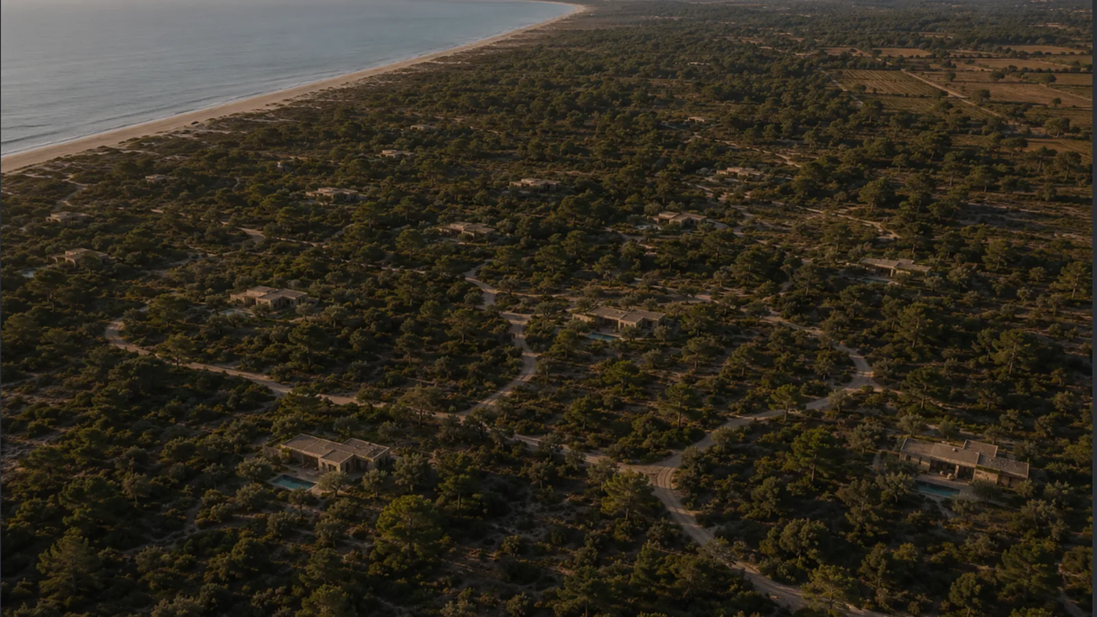Vista aérea de moradias AERA de baixa densidade numa paisagem arborizada