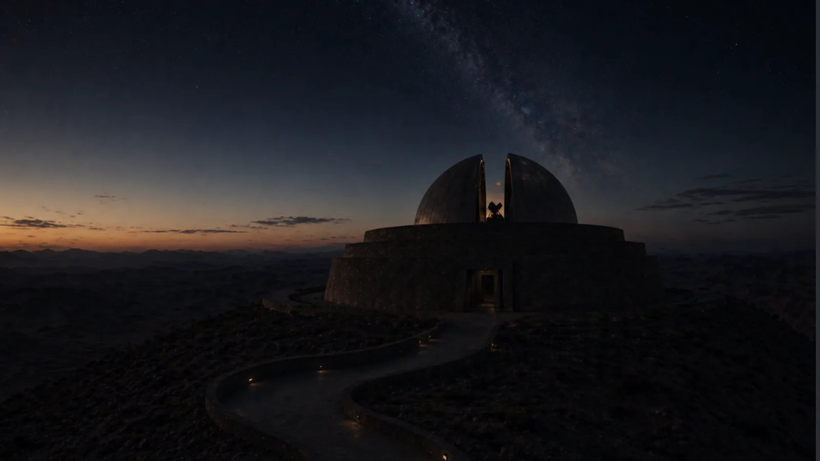 Observatório conceptual NAARA sob um céu naturalmente escuro e estrelado